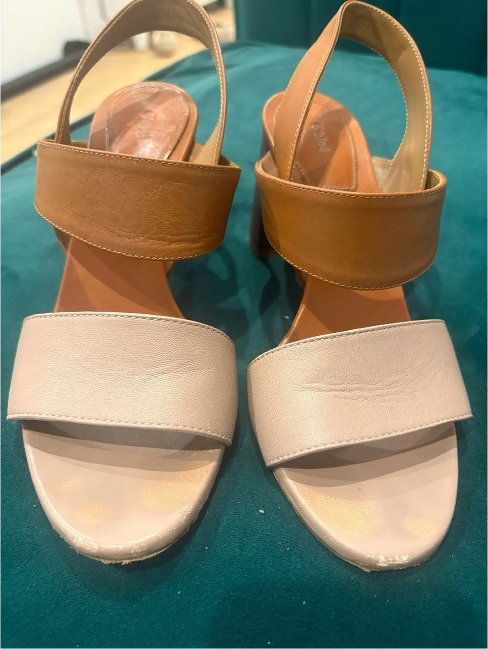 Chloe Mia Two-Tone Leather Slingback Sandals in Tan and Ivory
